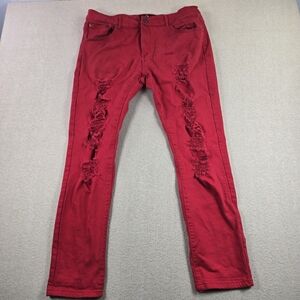 RPM Red Distressed Jeans Mens 38x32 Slim Fit Stretch Ripped Denim